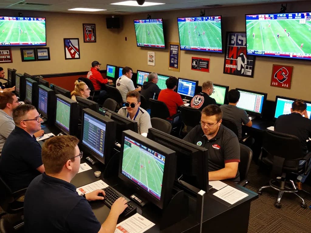 KQBD updates displayed on screens in a vibrant sportsbook with excited bettors analyzing game stats