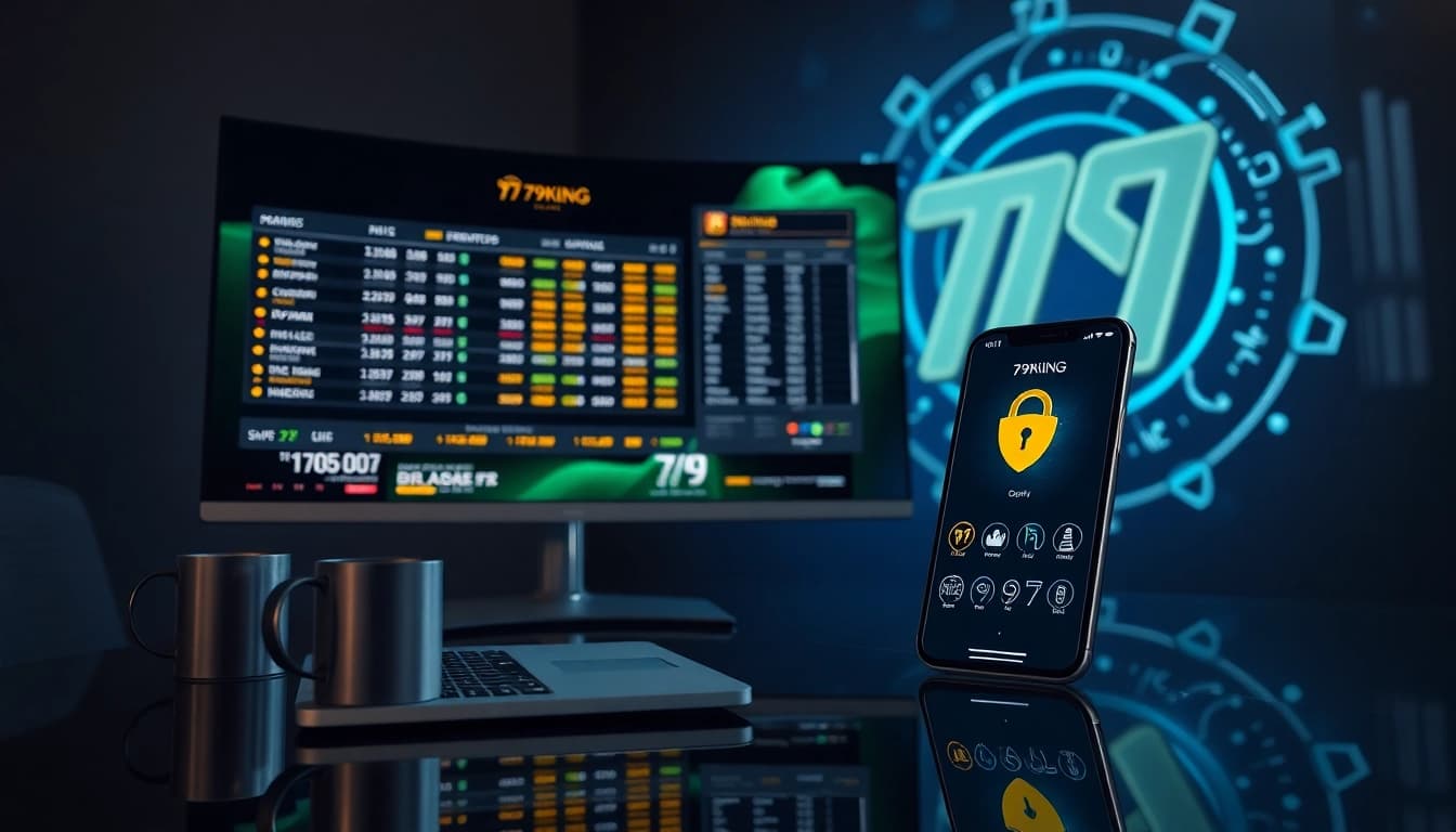 Plataforma de apostas online 79king em um smartphone elegante mostrando probabilidades ao vivo e segurança