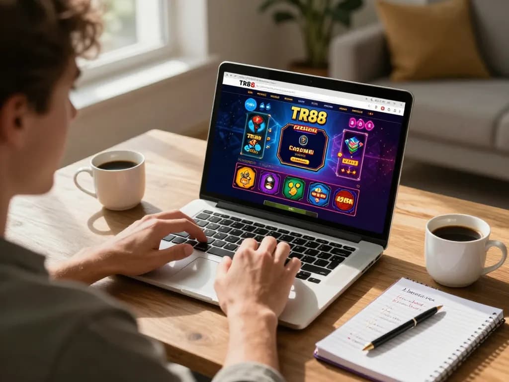 Engaging gameplay experience at TR88 online casino with a player intensely focused on a laptop.