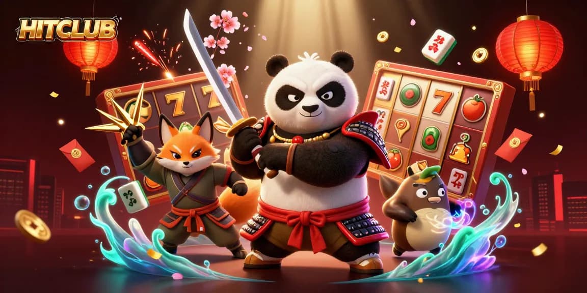 HitClub showcasing a fierce samurai panda and companions amidst dynamic casino elements.