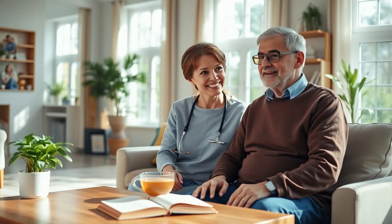 Elderly in home care near me, a caregiver providing assistance to an elderly person in a warm, inviting living room.