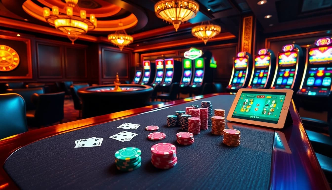 Experience the thrill of gambling with bangsawan88 at a luxurious casino with vibrant poker tables and roulette.