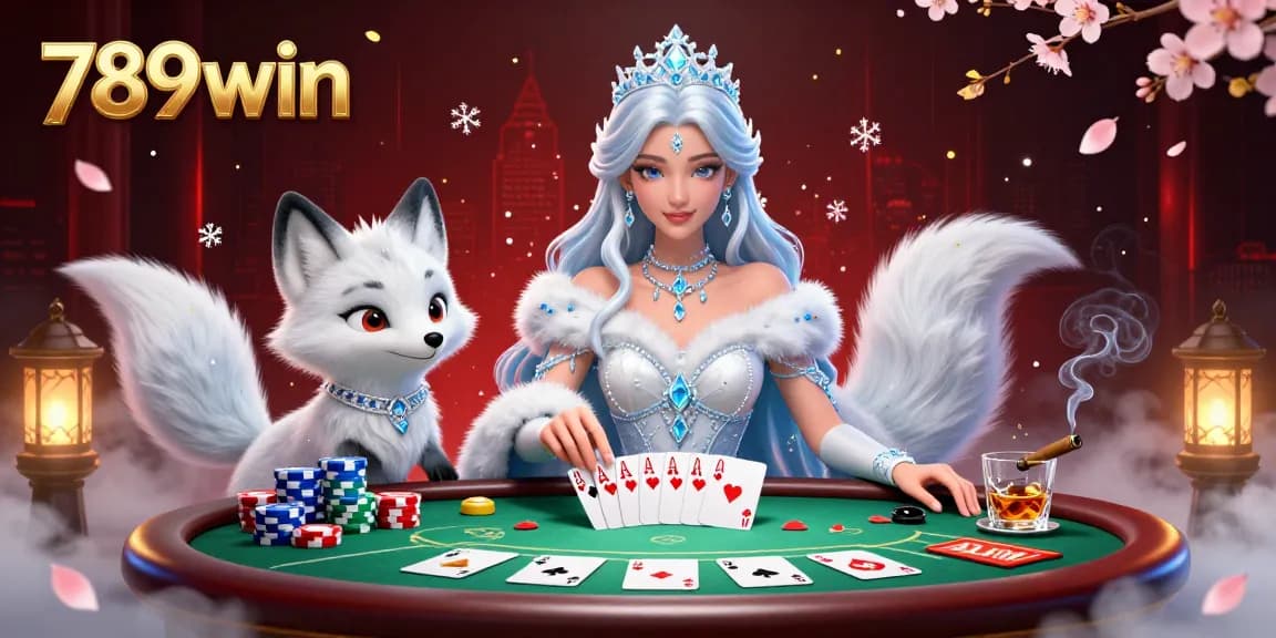 Stake your claim at 789win amidst a luxurious poker scene featuring a glamorous queen and her fox.