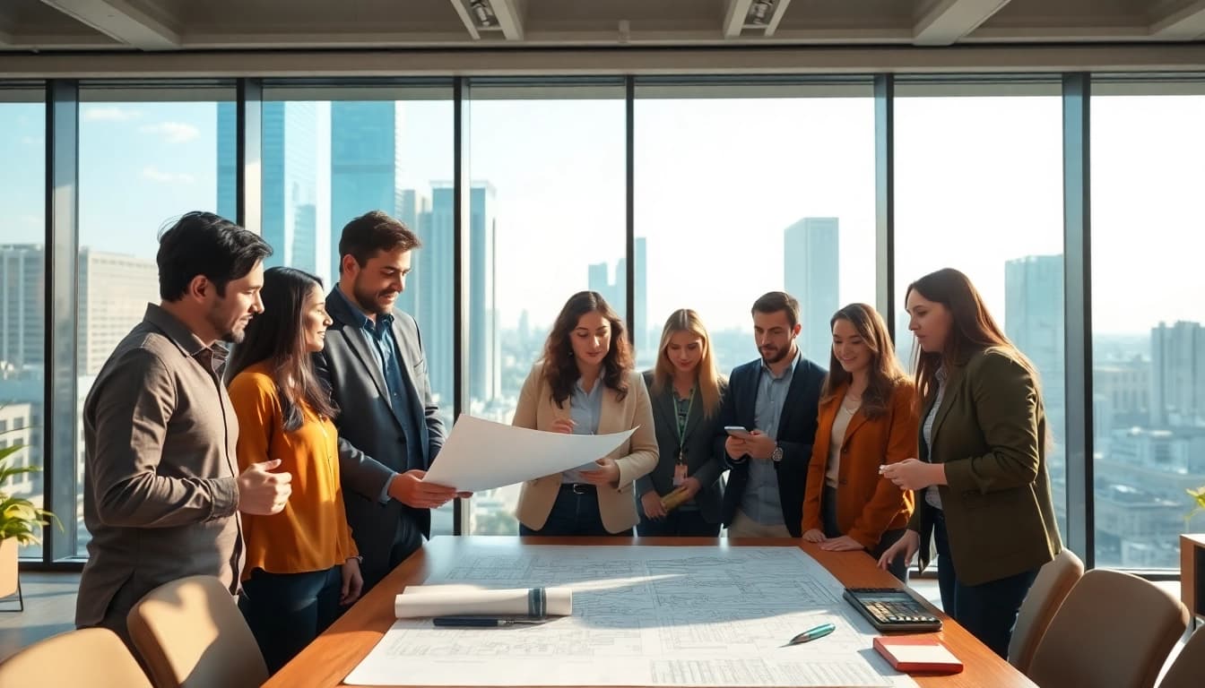 Construction association professionals collaborating on building plans at a modern office.