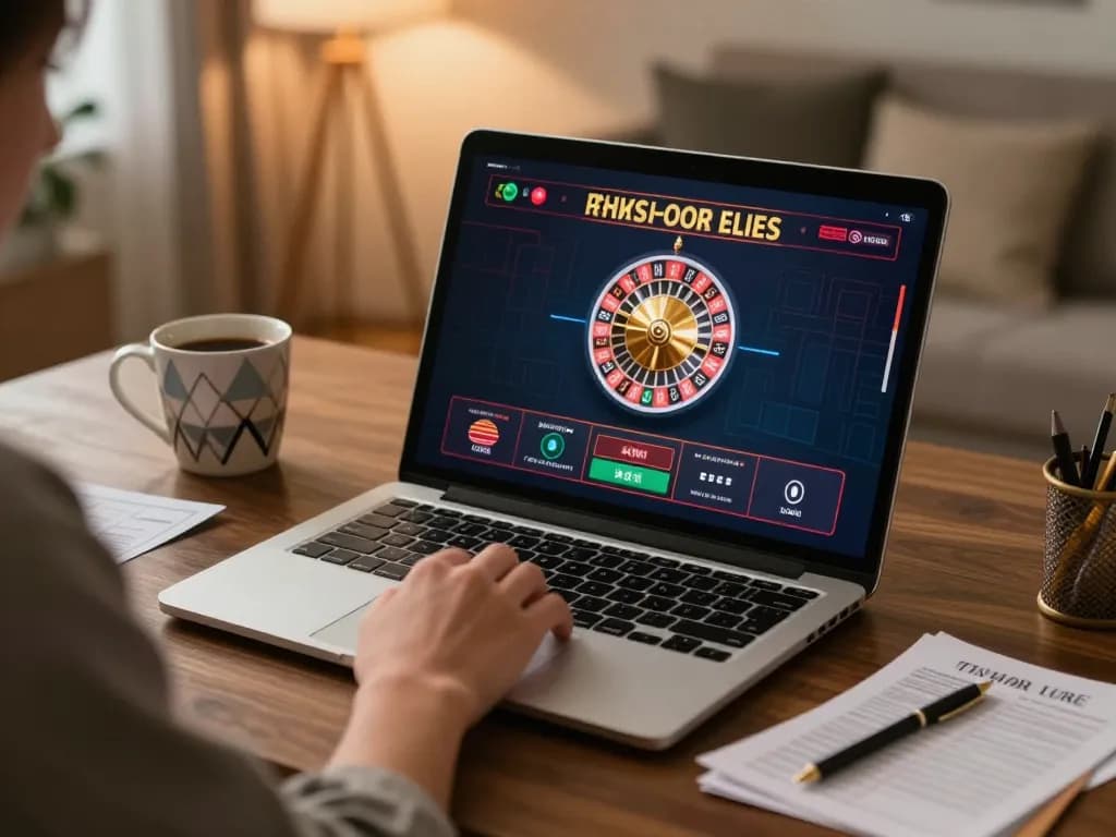 Engaged player at RR88 online casino, focusing on a live dealer roulette game on laptop.
