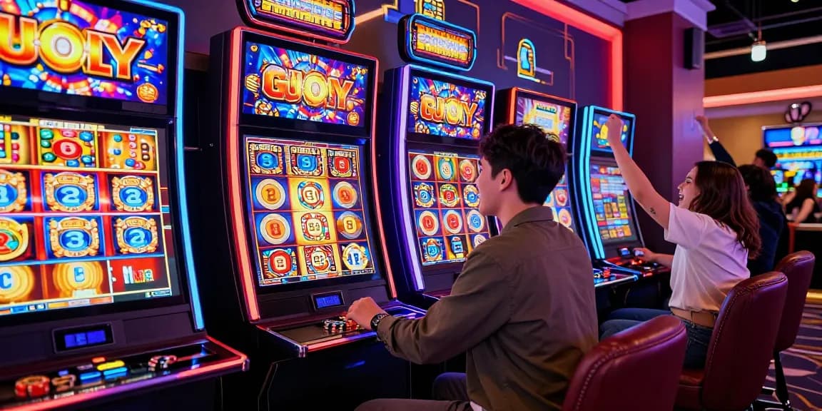 Exciting moment at a slot gacor game with player celebrating a win in a vibrant casino atmosphere.