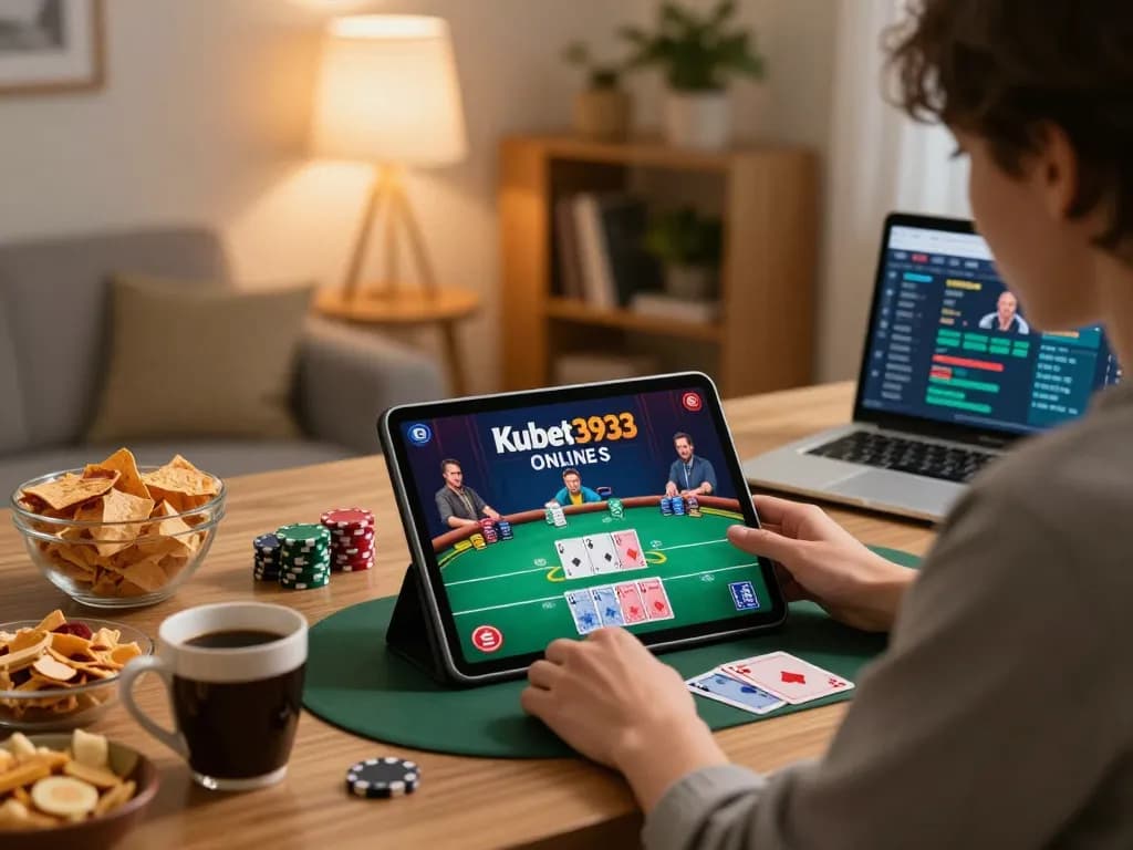 Kubet3933 online casino gaming on a tablet with snacks and cozy ambiance.