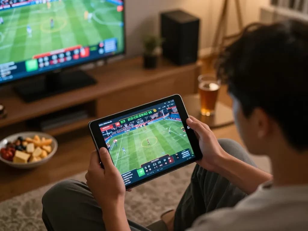 Person engaged in sports betting on Lu88 from home, focused on tablet with match stats