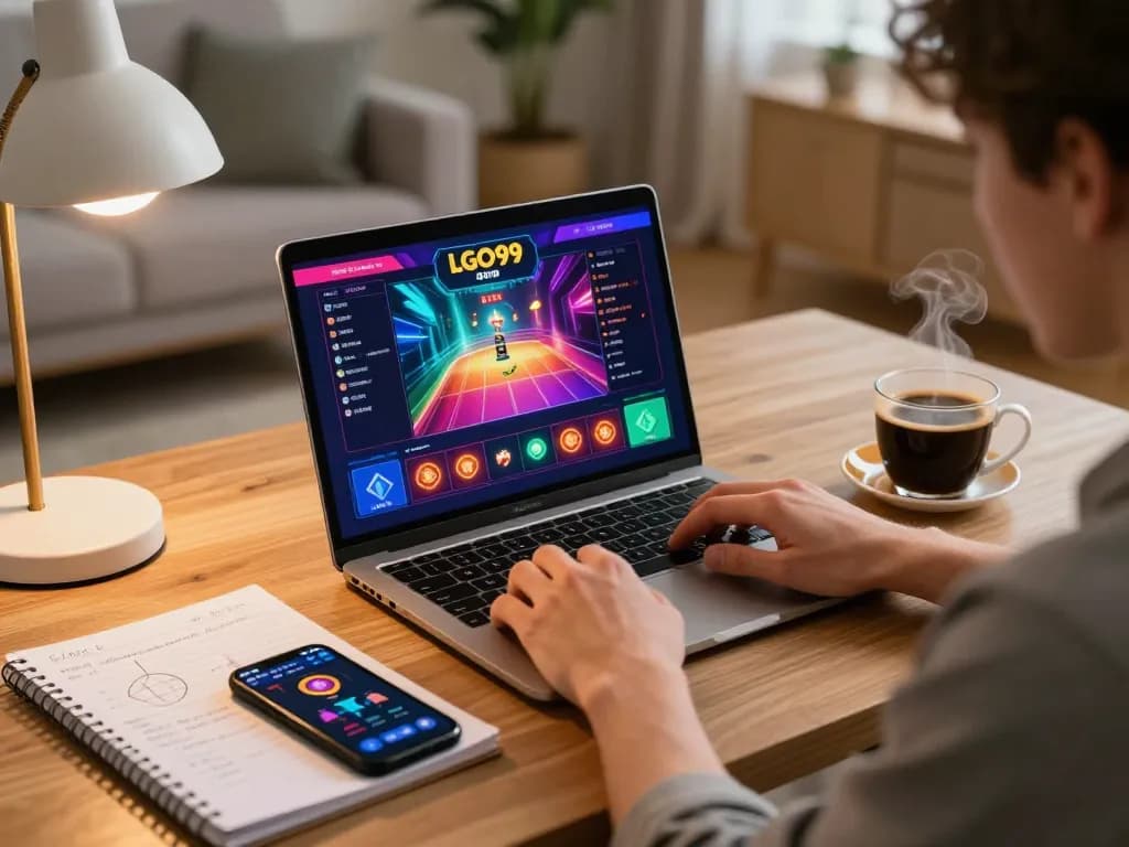 LGO99 player engaging with vibrant online gaming interface from home setup