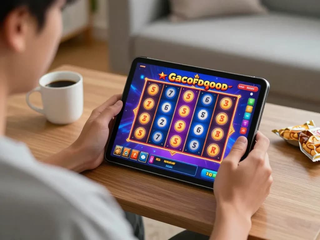 Engaged player enjoying slot gacor games on tablet while relaxing at home.
