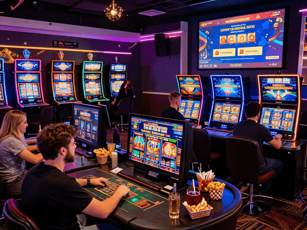 Vibrant scene of UK players enjoying games at eu casinos that accept uk players with colorful digital interfaces and festive atmosphere.