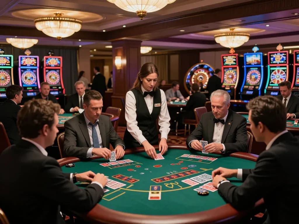 King33 players enjoying an intense blackjack session at a luxurious casino with dealer action.