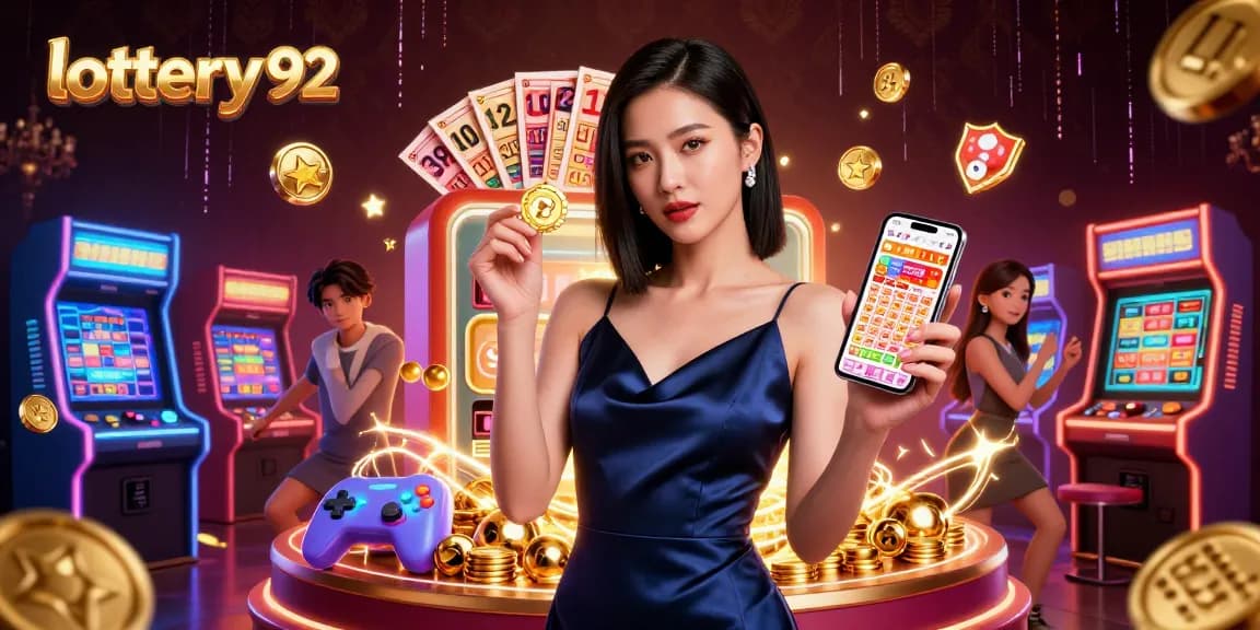 Win big with lottery 92 as an Asian woman confidently holds her smartphone displaying exciting game features.