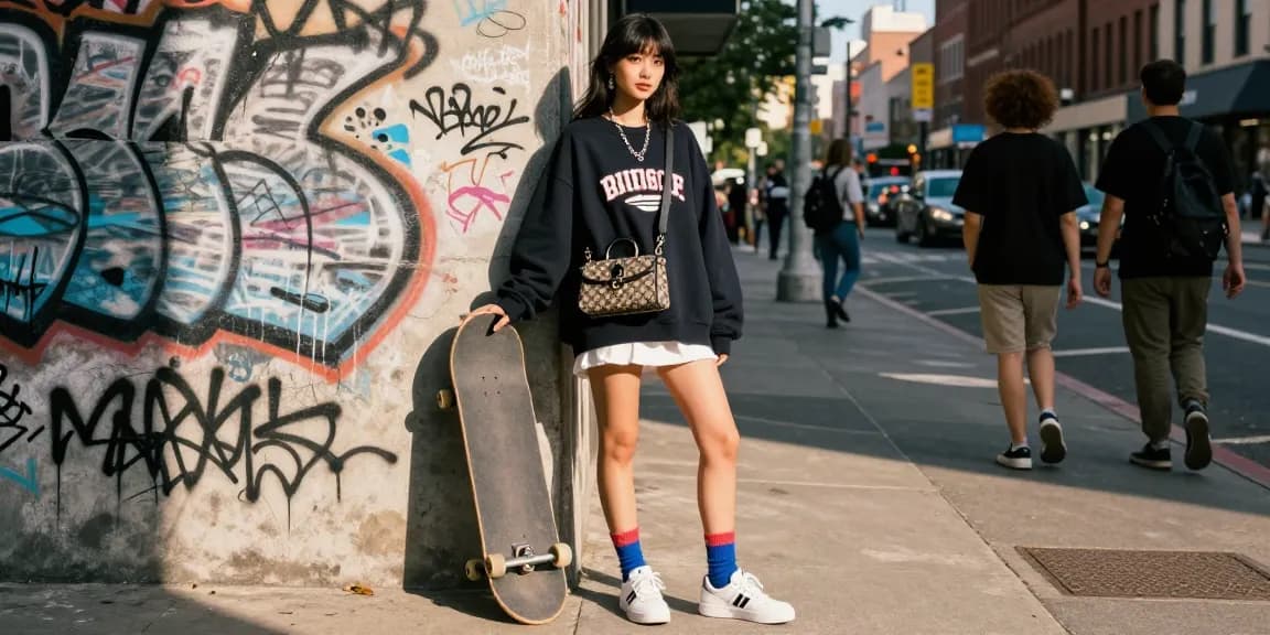Youthful model flaunting a trendy 레플리카 handbag in a vibrant city scene.