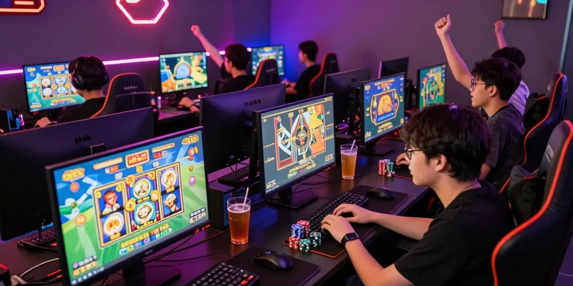 Exciting slot gacor gaming scene with players engaging intensely in colorful game interfaces and neon lights