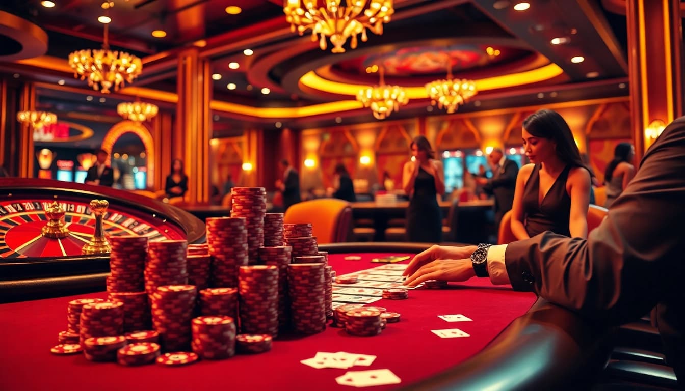 Gambling strategy with 鑽石 chips on a luxurious poker table surrounded by action.