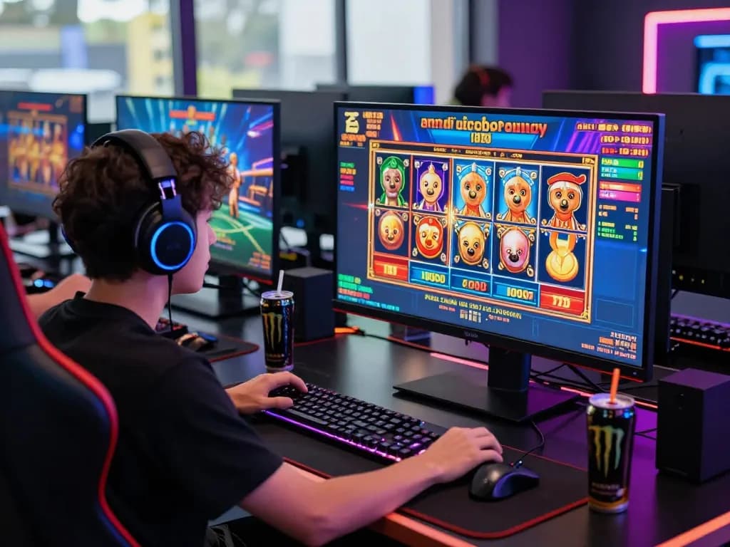 EE88 gaming experience featuring a player immersed in vibrant online games with high-definition visuals and modern accessories.