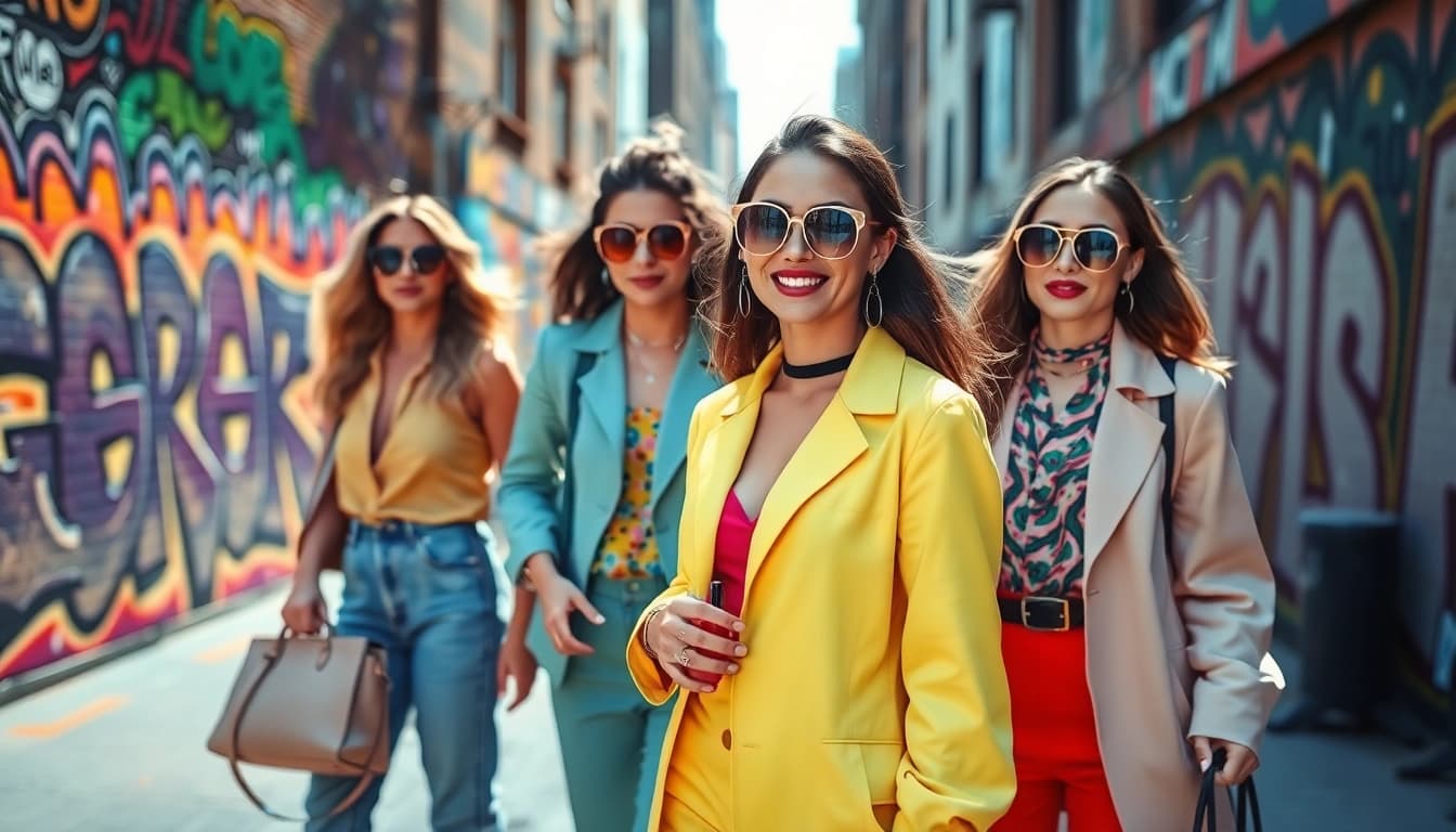 Fashion influencers showcasing vibrant styles in an urban setting.