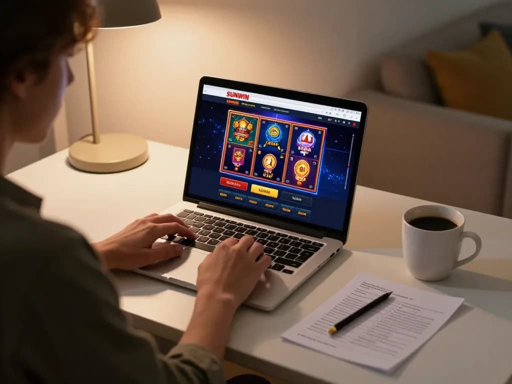 SUNWIN user engaging with online casino games on laptop in a cozy home setting