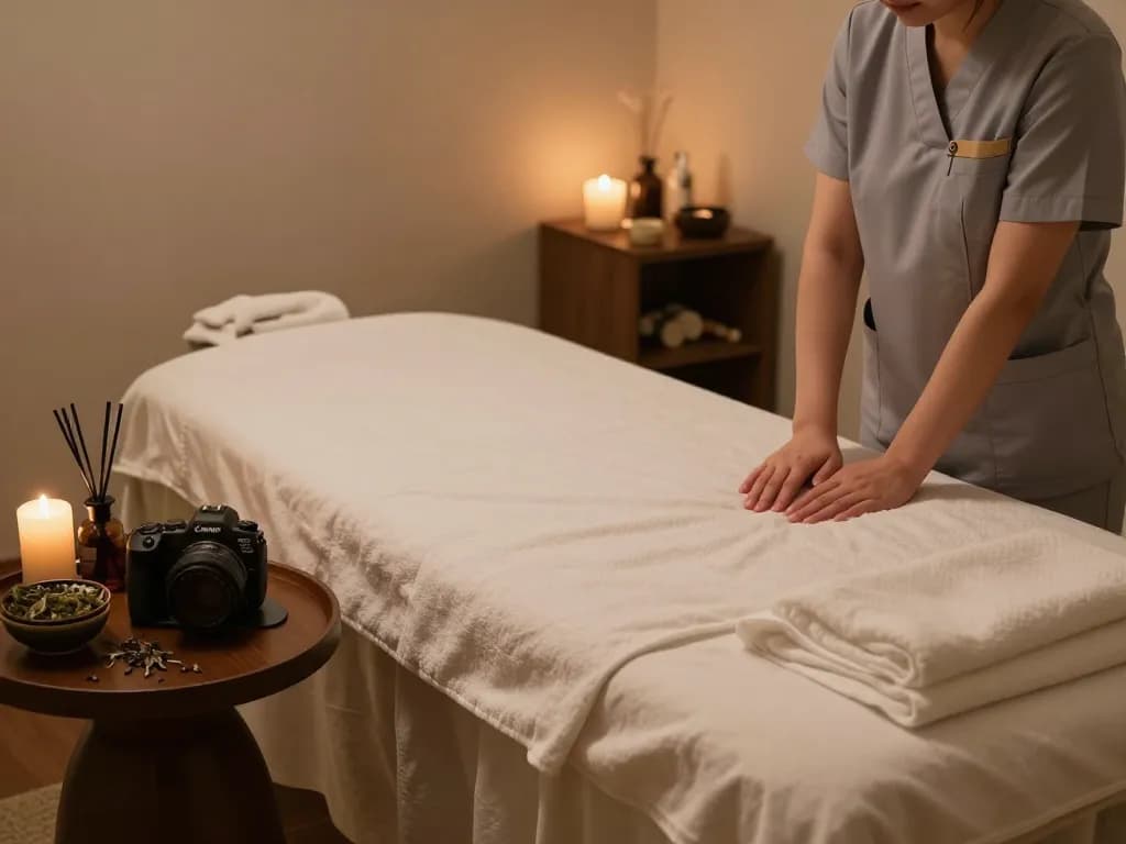 부전동마사지 therapy room with a calming atmosphere and professional therapist preparing for a session