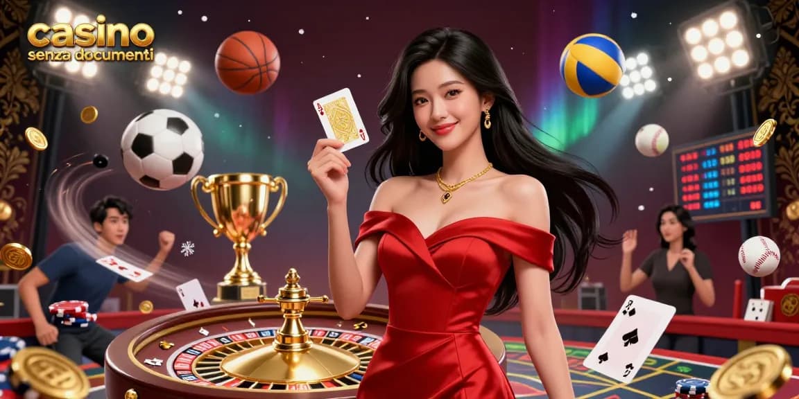 Partecipa all'esperienza del casino senza documenti con la nostra straordinaria scena illustrata che mostra una bellissima donna e una ruota della roulette.
