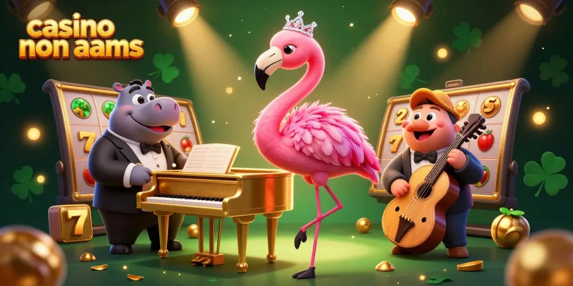 Scena coinvolgente di un casino non AAMS con personaggi vivaci, rulli delle vincite e un'atmosfera di casinò vivace.