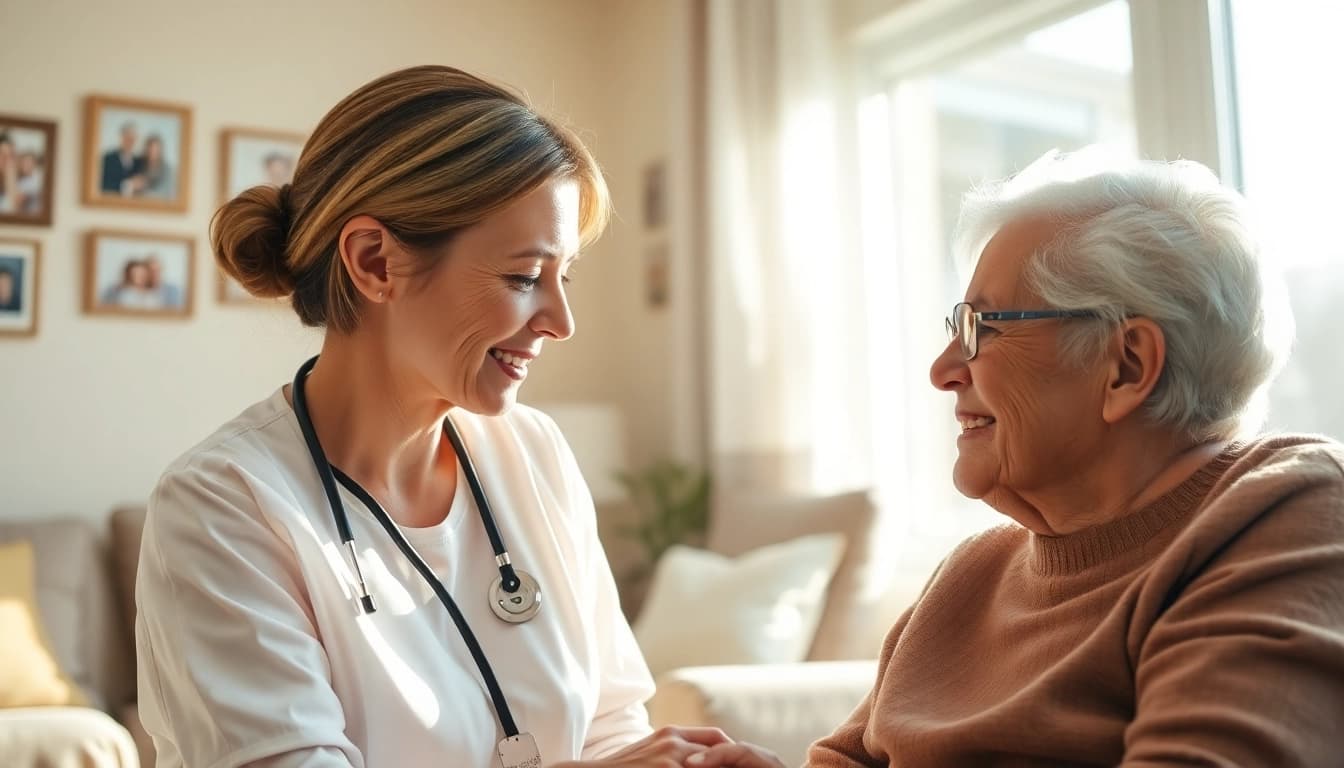 Engaging scene depicting austin senior home care with a caregiver assisting a senior in a cozy home.