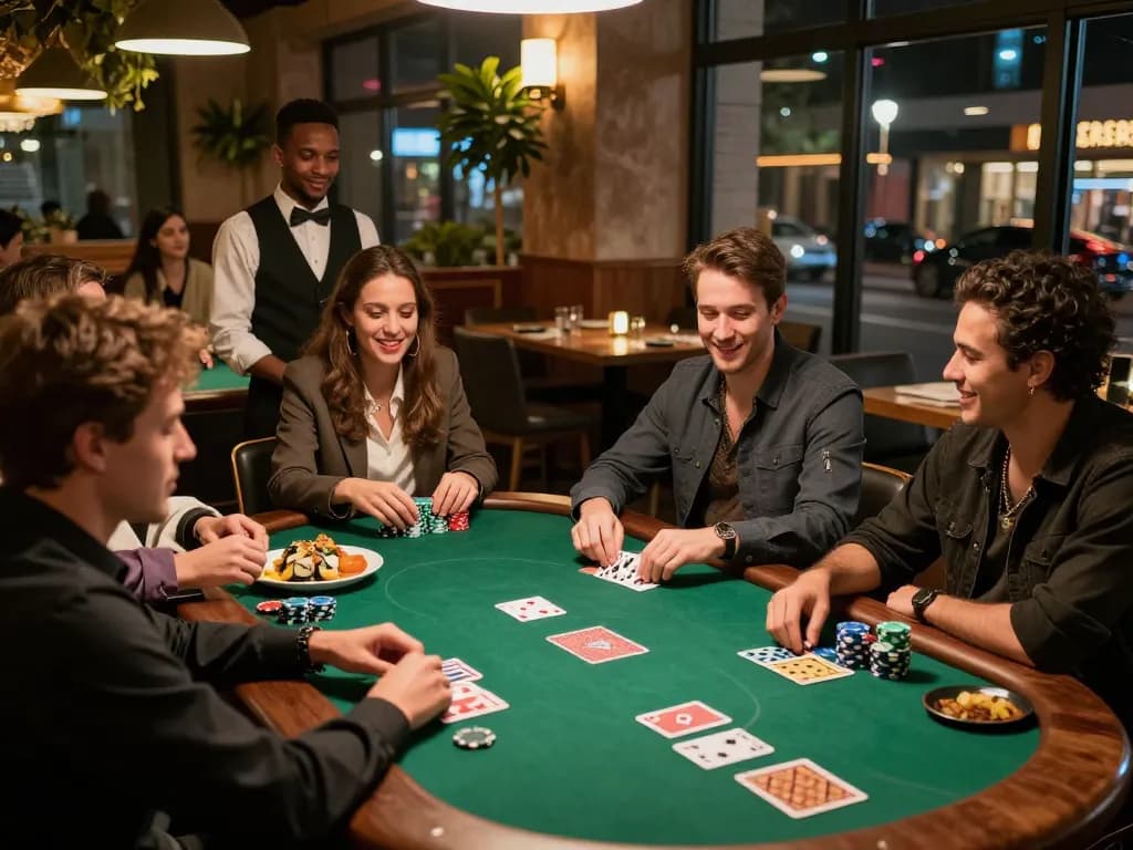 Exciting poker night at POKERSERI with friends enjoying delicious food and vibrant games.