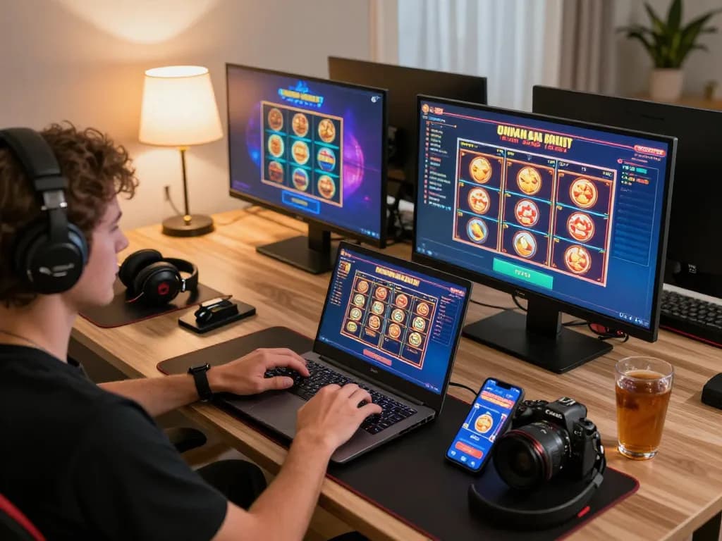 win678 player engaging in online gaming session with laptop and smartphone, showcasing exciting casino games