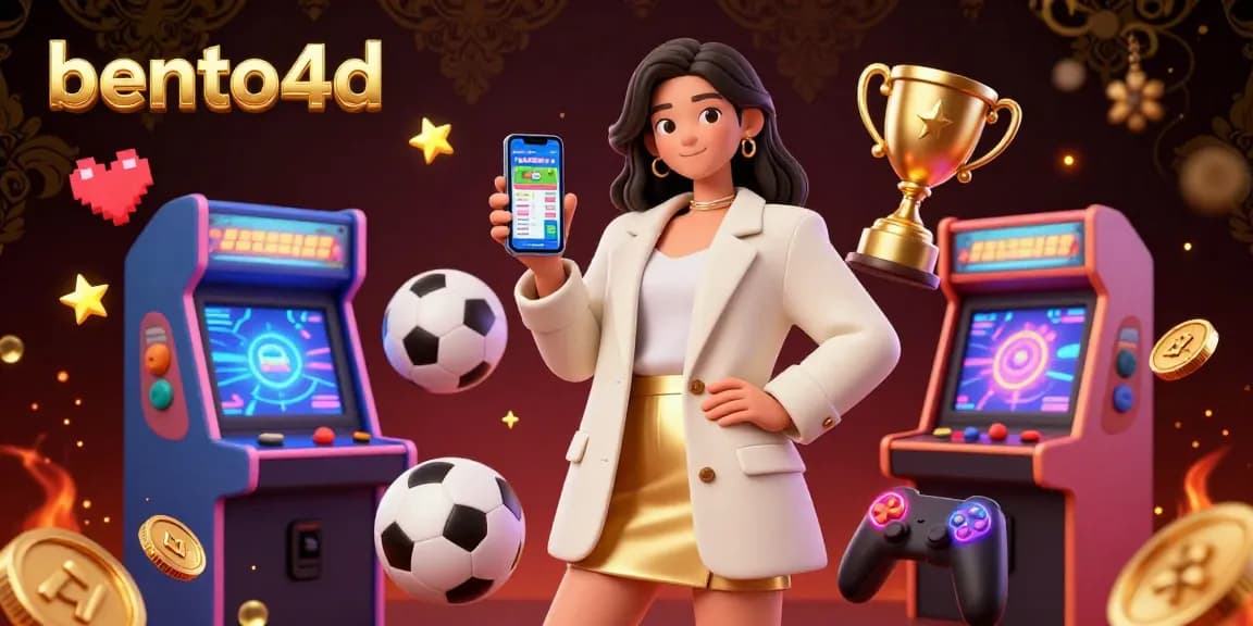 bento4d menampilkan adegan cerah taruhan olahraga yang menampilkan seorang wanita Asia dan elemen kasino, menekankan kegembiraan dan keterlibatan.