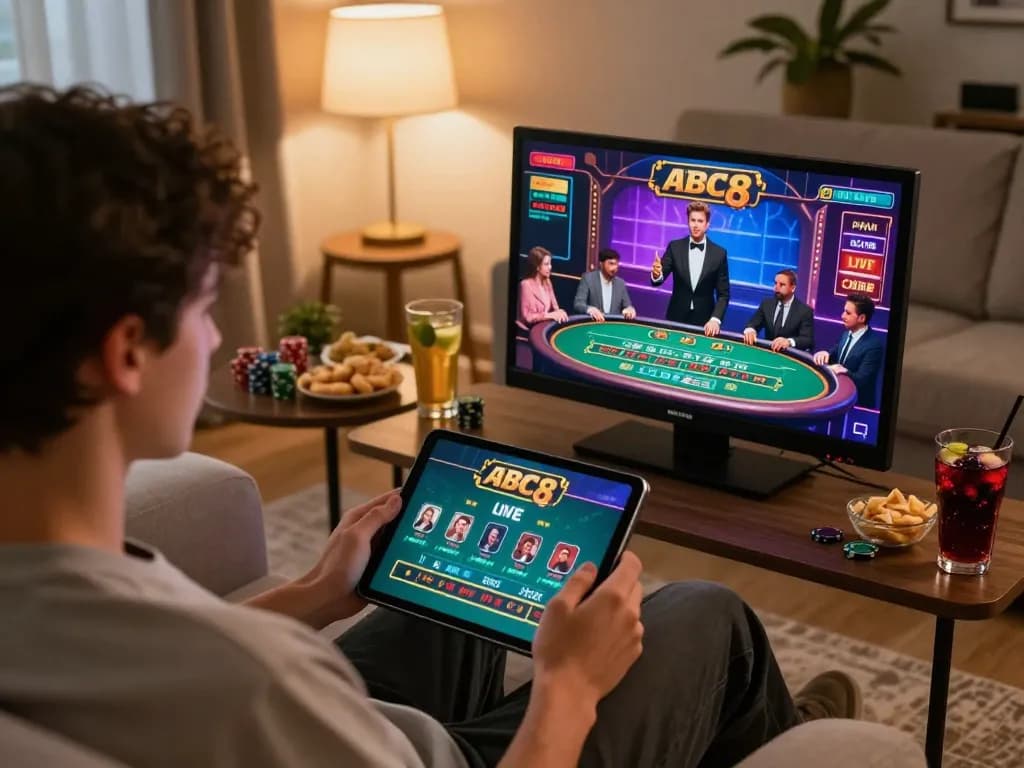 Engaging in an online game at home using abc8go's tablet interface, cozy atmosphere with snacks and drinks.