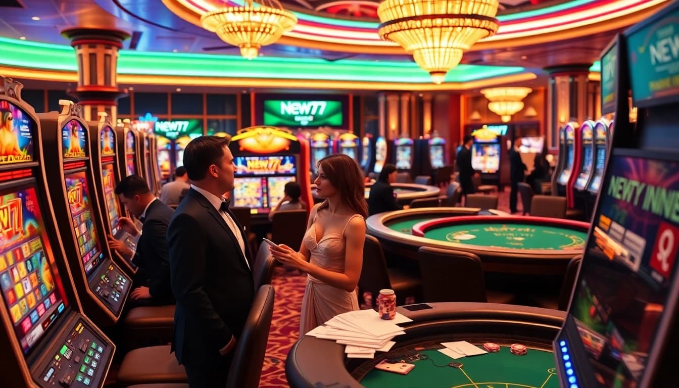 Players enjoying the excitement of new77 slots in a vibrant casino atmosphere.