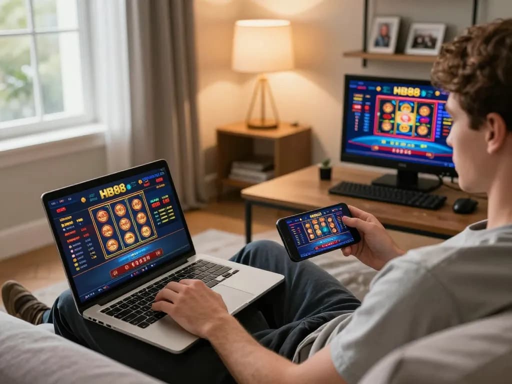 Engage with hb88 online gaming as a player enjoys slots and live dealer games on laptop and smartphone