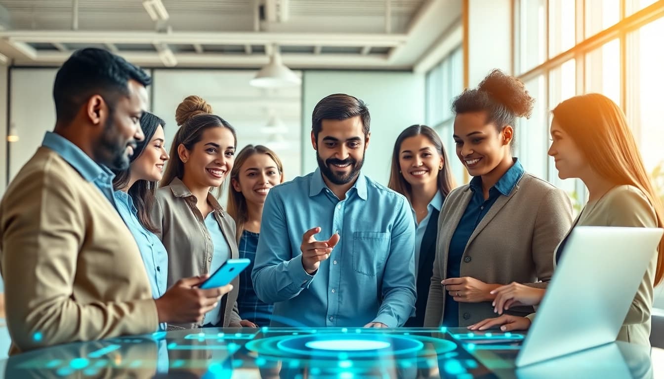 Engaging team using an enterprise assistant software solution in a modern office.