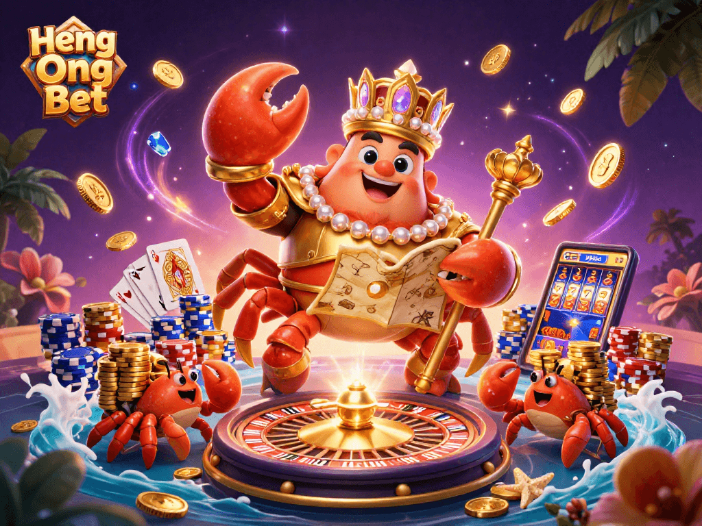 Experience Heng Ong Bet with a regal crab emperor leading the treasure hunt in a vibrant casino scene.