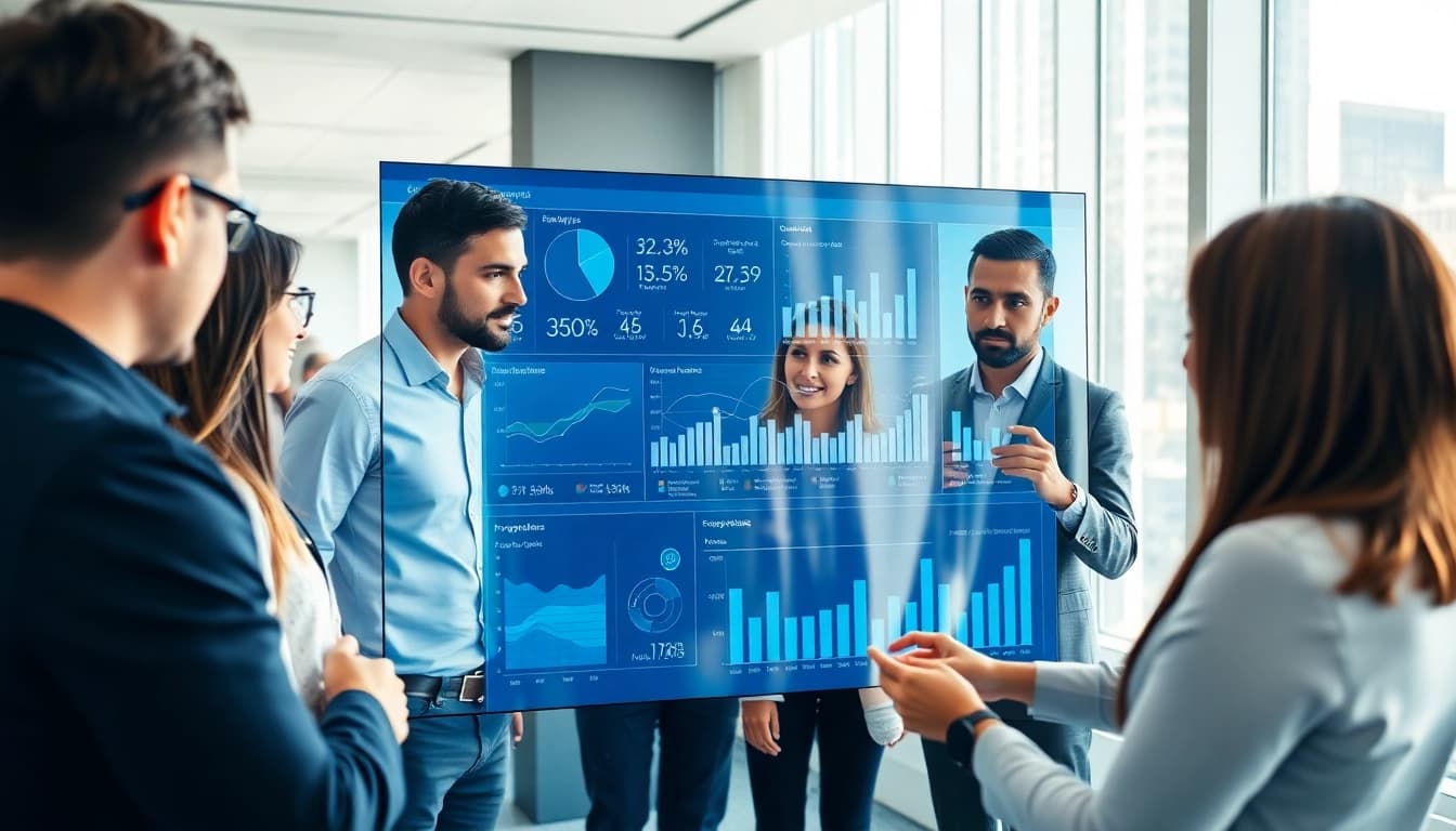 Showcasing a team discussing enterprise search solutions through an interactive digital dashboard in a modern office.