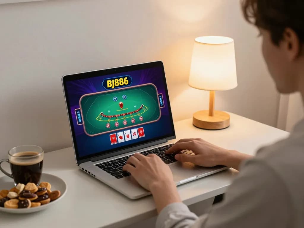 Engaging scene of a player using bj886 for online blackjack, showcasing a laptop interface in a cozy atmosphere.
