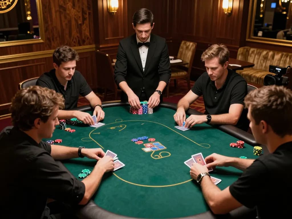 MAY88 showcases a thrilling poker game in a luxury casino with intense gameplay and focused players.