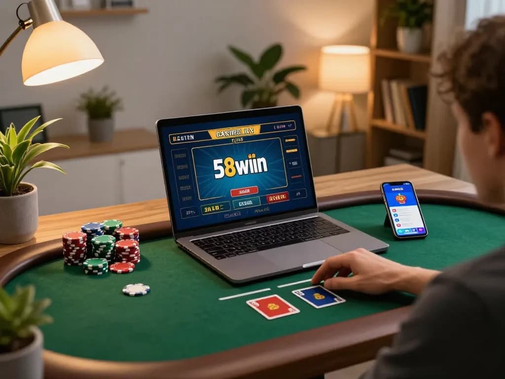 Engaging online gaming scene with a user exploring 58wiin on their laptop, creating a cozy gaming atmosphere.