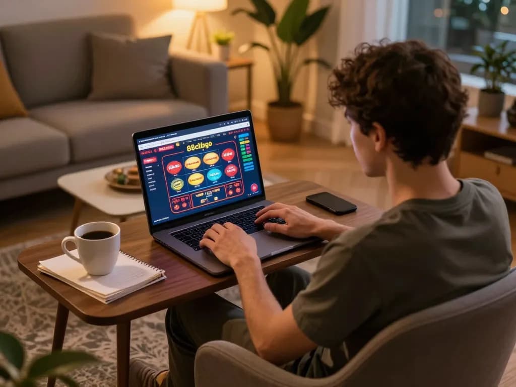 Engaging with 88clbgo online casino setup at home, emphasizing responsible gaming strategies.