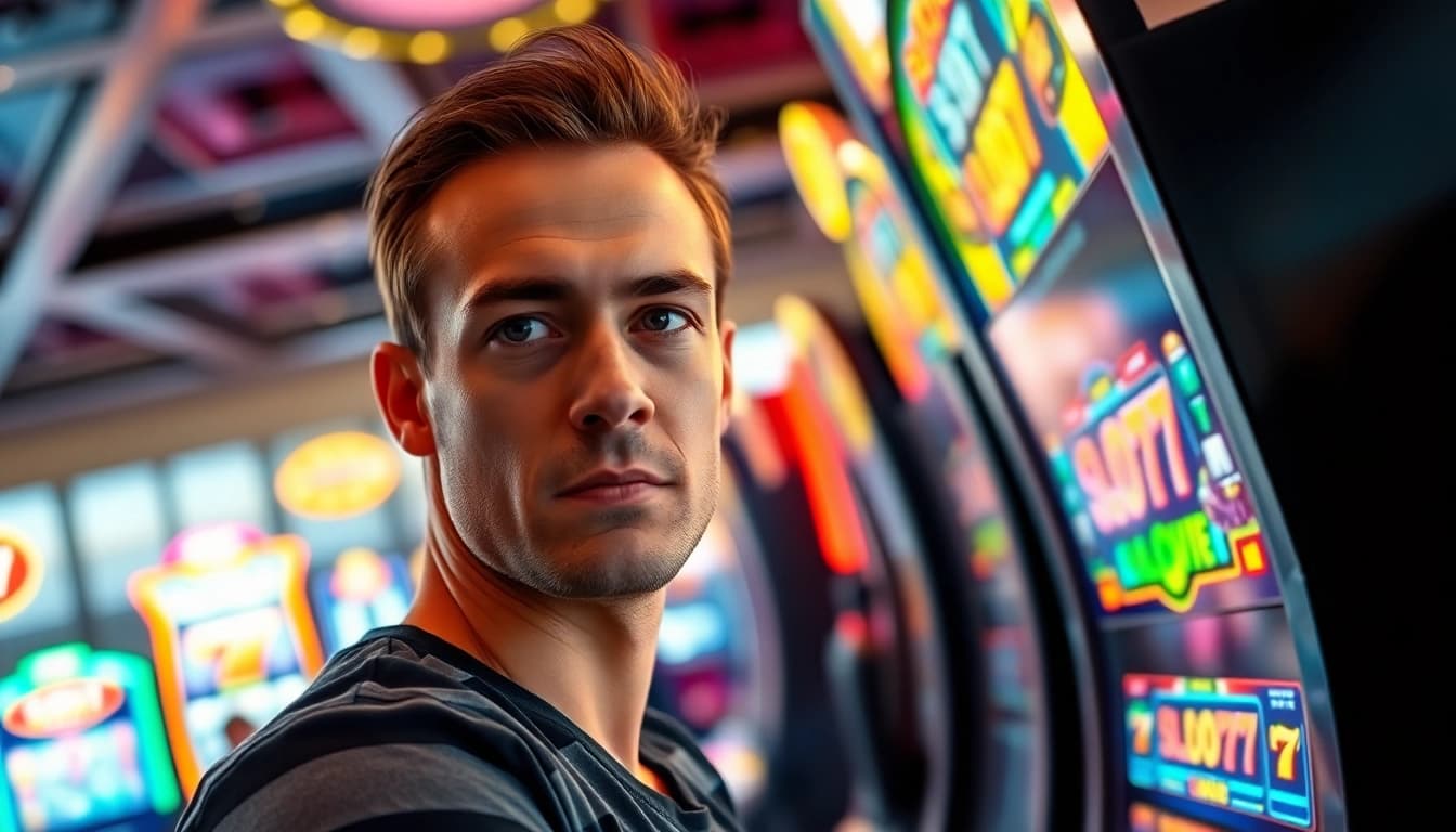 Menang di Slot77 dengan ekspresi bahagia dan mesin slot yang cerah.