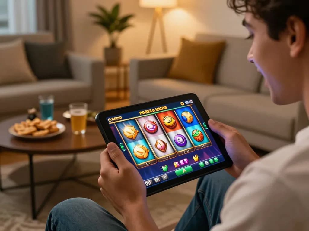 Engaged player enjoying slot dep sit pulsa game on mobile device at home.