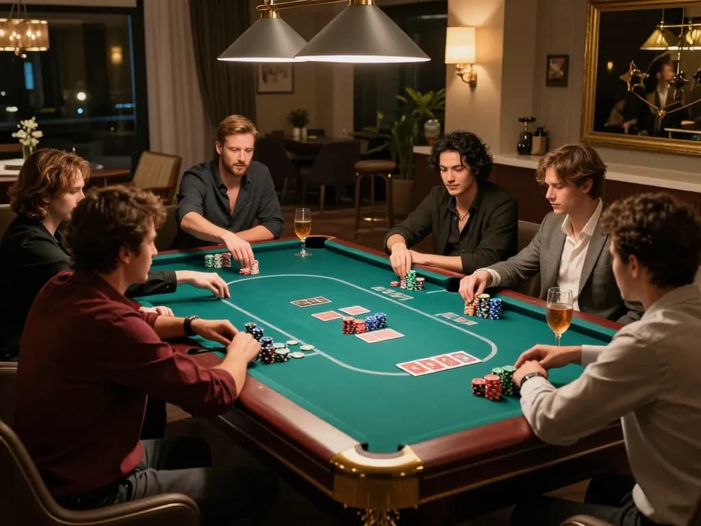 Players enjoying a thrilling game of poker at QH88go's exclusive private room, showcasing thrilling card strategies.