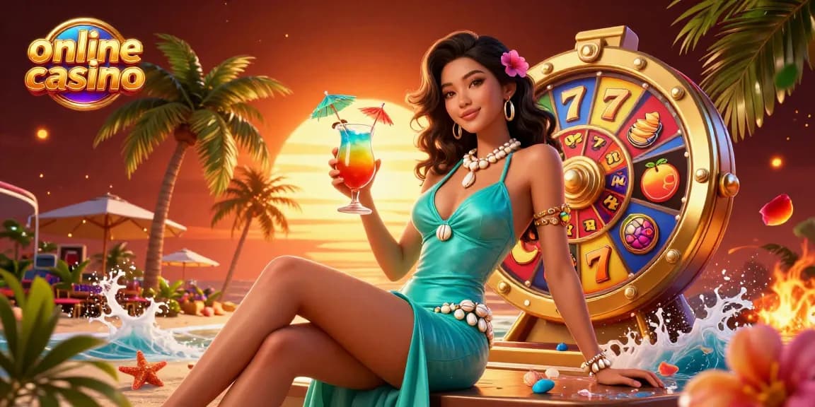 Experience excitement at online casinos with a glamorous woman enjoying a tropical cocktail in a vibrant casino scene.