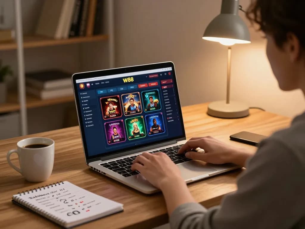 person engaging with W88 casino on laptop at home desk