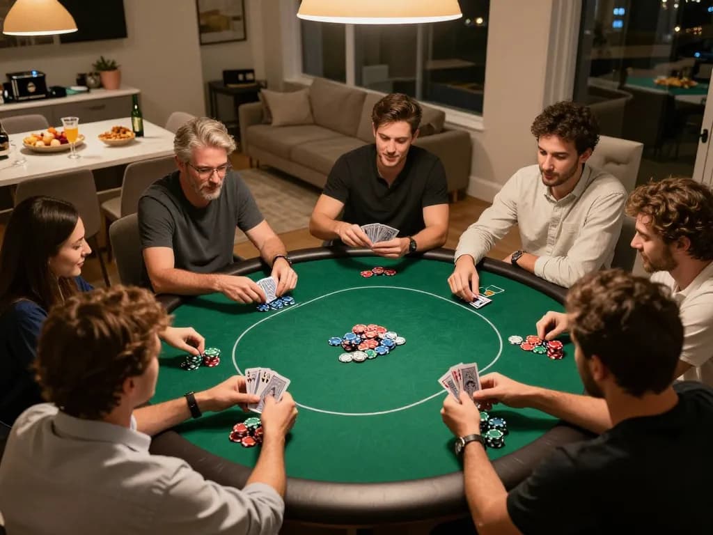 Players engaged in an exciting home poker game, showcasing jae888 strategy and camaraderie.