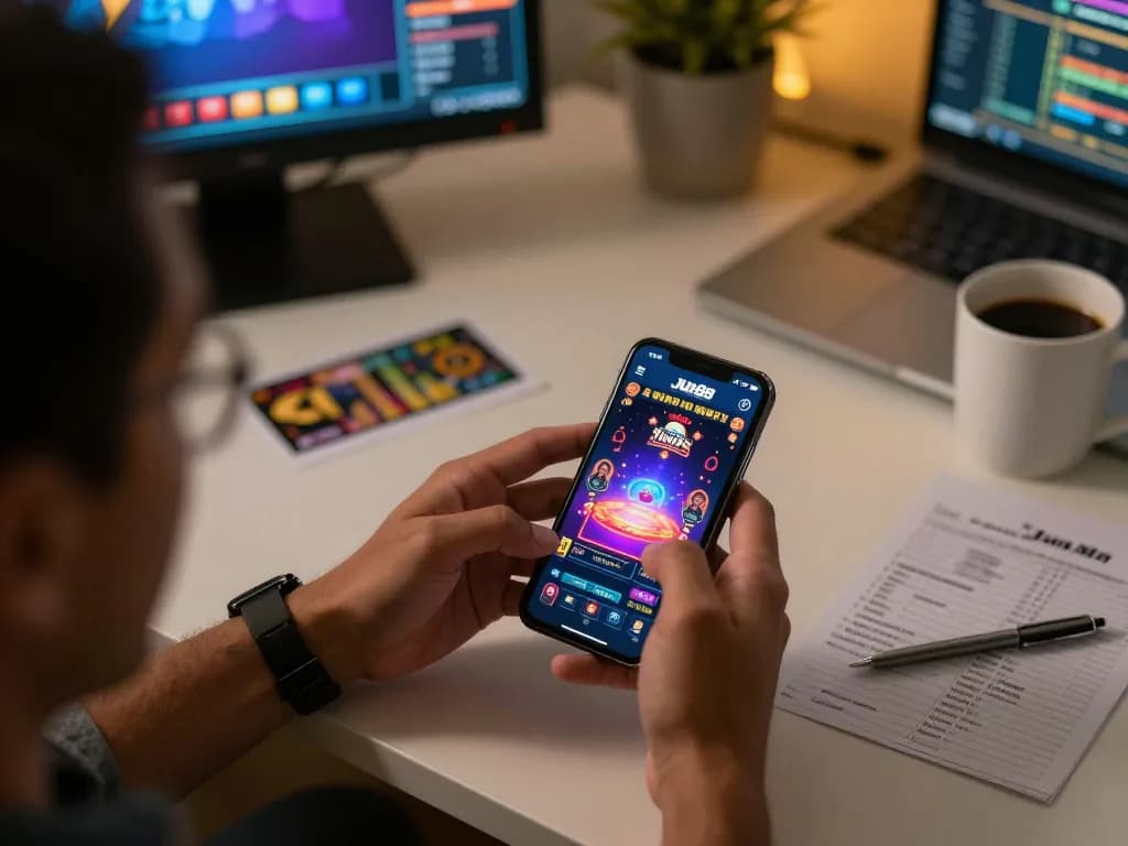 Player using the Jun88 app on a smartphone for an engaging online casino experience.