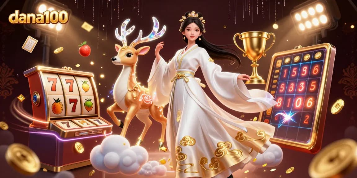 Dana100 offers a dynamic casino experience with unique slot reels and lively character illustrations.
