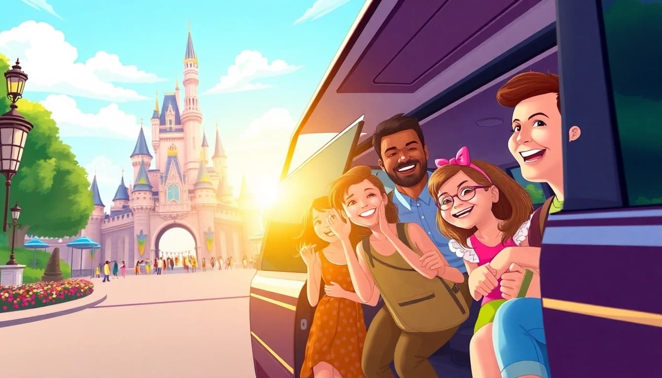 Families enjoying Disneyland Paris airport transfer services with excitement at the park entrance.