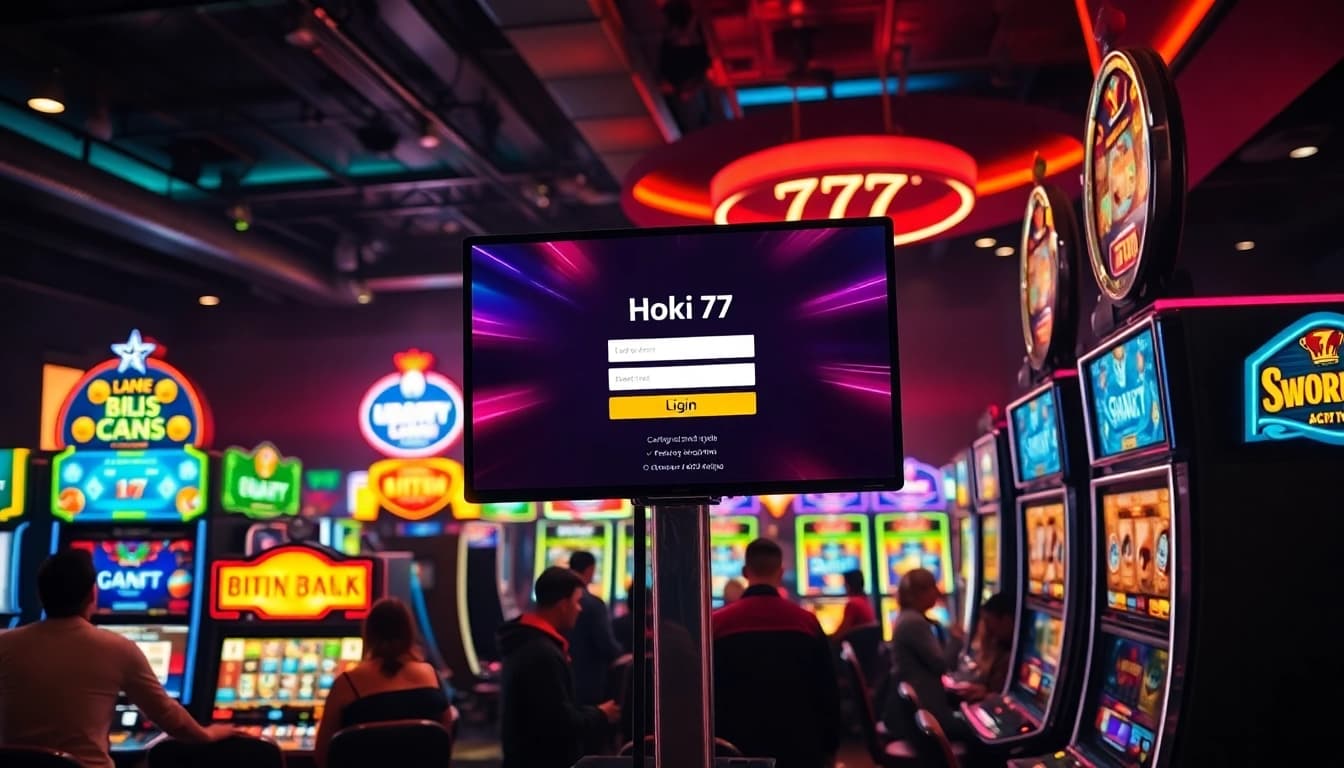 Masuk ke hoki 77 login dengan antarmuka kasino profesional yang mengelilingi mesin slot berwarna-warni.